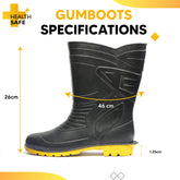 Health Safe Gum Boot For Men, (28.5cm Height) (Black/Yellow) Flexible PVC, Oil/Water/Acid Resistance, Industrial/Labor/Worker Purpose, Unisex Gumboot